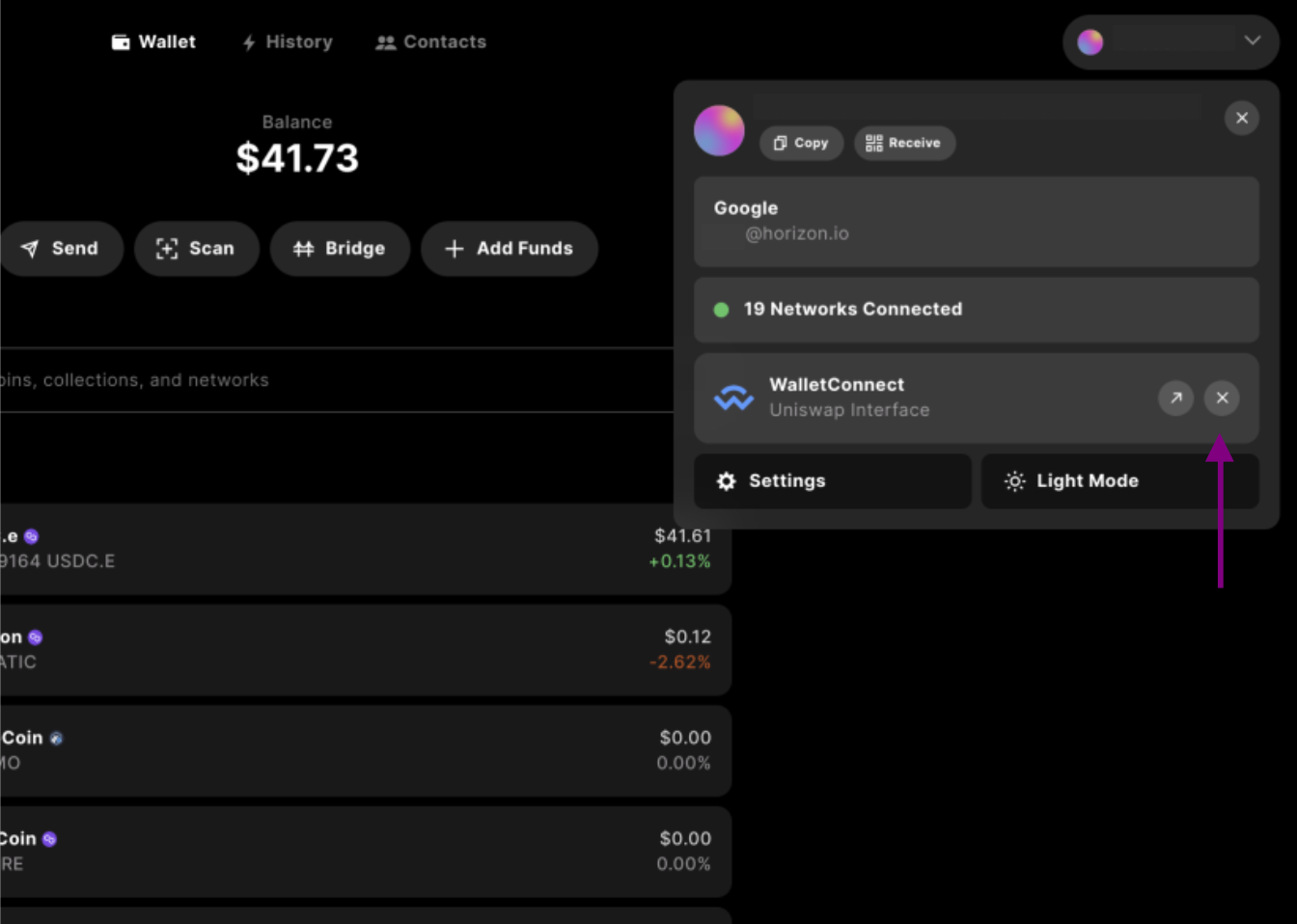A user disconnecting from the app using Wallet Connect